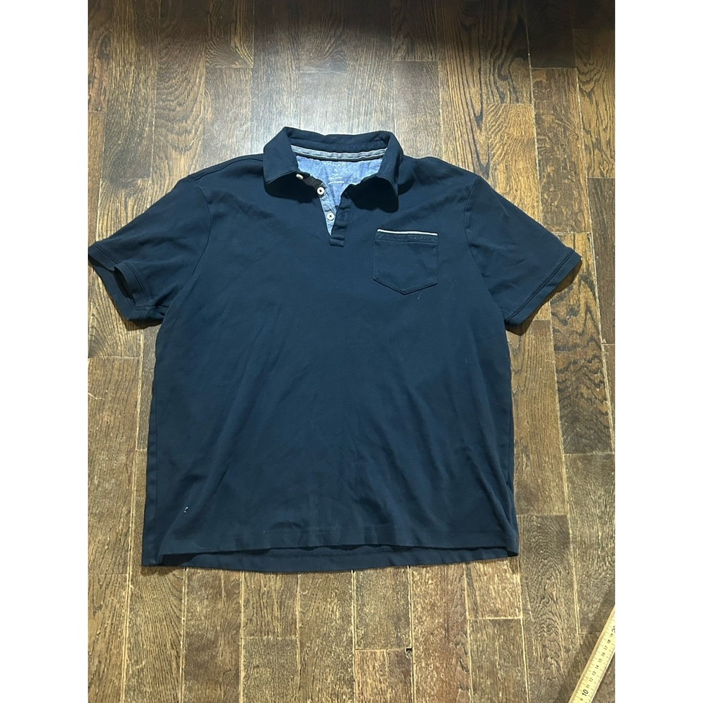 Tahari‎ Polo Shirt Men XL Blue Collared 1/4 Button Short Sleeve Pocket Stretch